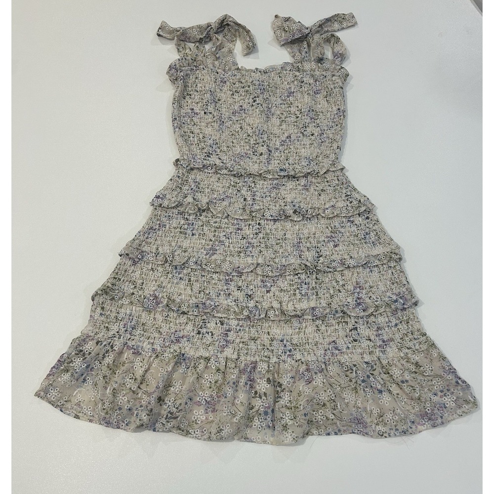 Boho Vintage Inspired Floral Eyelet Mini Dress Sundress Beach Vibes Womens Small